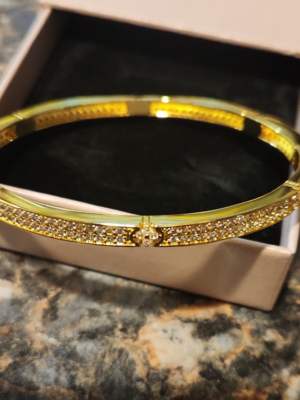 Gold Crystal Pavé Hinged Bangle Bracelet - Sparkling Gold Tone